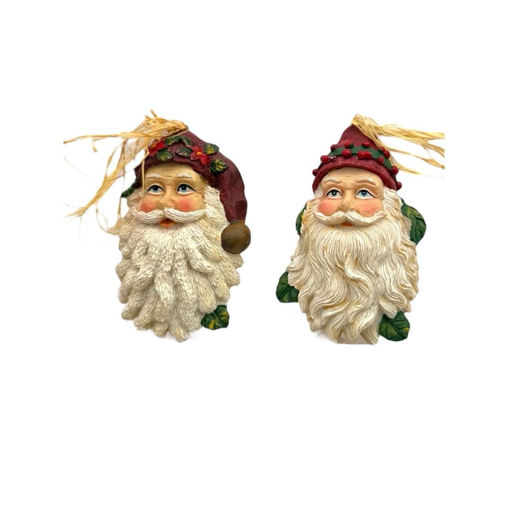 Set Of 2 Vintage Santa Claus Face Christmas Ornaments Holiday Home Decor